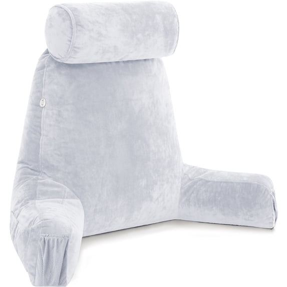 Medium Husband Pillow Light Grey, Backrest for Kids, Teens, Petite Adults - Reading Pillows With Arms, Adjustable Loft, Plush Memory Foam, Bed Rest Chair Sitting Up, Detach Neck Roll, Removable Cover