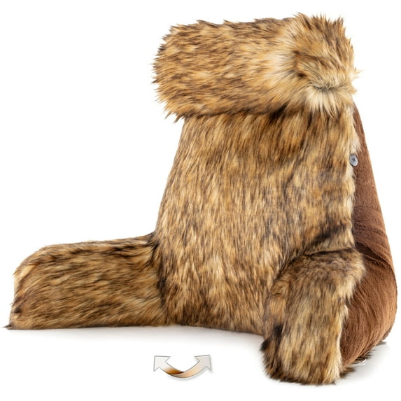 Medium Husband Pillow - Limited Baby Brown Bear Fabulous Faux Fur Backrest, 2-tone Reversible Double Sided Reading & Bed Rest Pillow with Arms