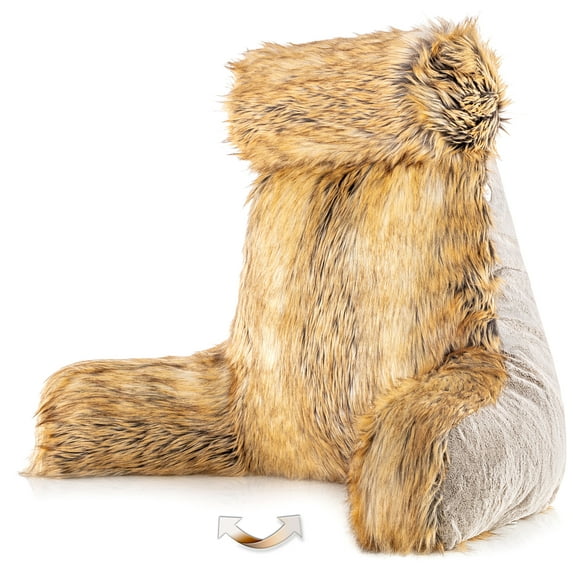 Medium Husband Pillow - Ultra Rare Baby Amber Fox Fabulous Faux Fur Backrest, 2-tone Reversible Double Sided Reading & Bed Rest Pillow with Arms