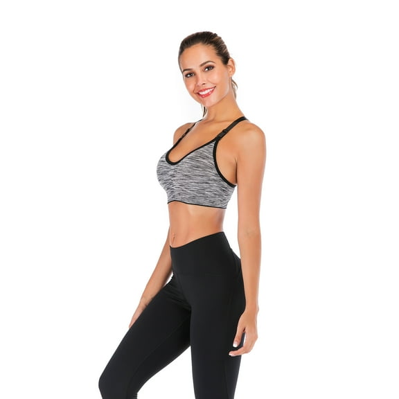 Medium Impact Support Sports Bra Wireless Padded Full Coverage Front Adjustable Straps Workout Tops, Gray, XL