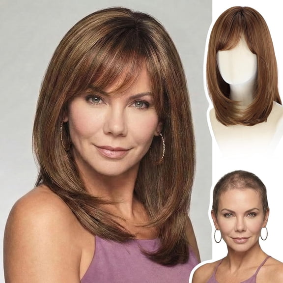 Medium Layered Bangs Bob Wig Synthetic Hair Glueless Breathable Cap Natural Realistic Texture Easy Wear Women Hairpiece For Hair Loss Daily Party Styling Use