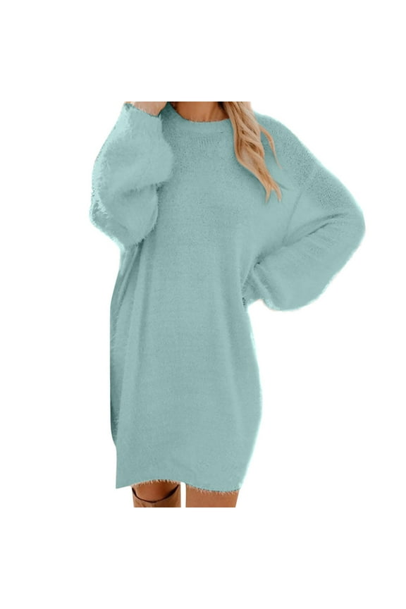 Poofy Dresses for Women Medium Length Long Sleeved Round Neck Loose Dress Wrap Sweater Dress for Women