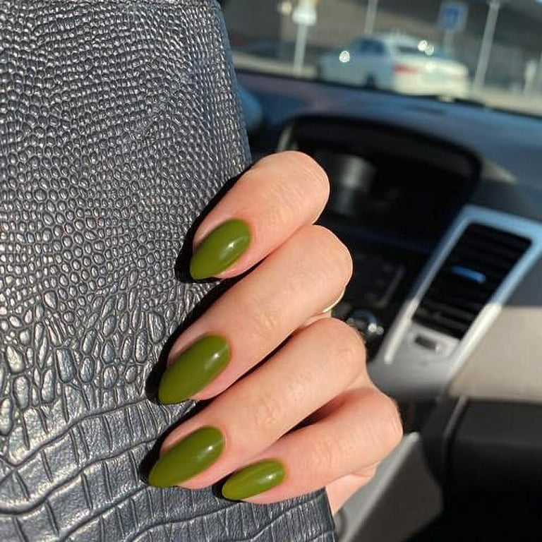 Medium Length Press on Nails Almond Shape,Xcreando Neutral Easy Fake Nails  Acrylic Full Cover Gel Opaque False Nails Simple Mani for Women Girl Daily  Working(Spring Green) 