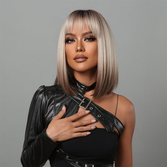 Medium Length Straight Hair Wig for Women, New Cross-Border Style with Bangs, Gradient Blonde Wig, European and American Style Natural Full Wig