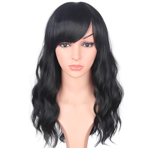 Medium Long Black Wavy Wigs For Women Synthetic Full Hair Natural Black Wigs With Side Bangs For Daily Use 16 Inches (NATURAL BLACK(1#))