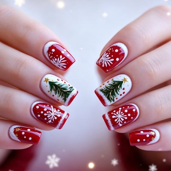 Medium Long Christmas Press on Nails 24Pcs, Snowflake Star Tree Spooky Fake Nails Set, Reusable False Nails for Holiday Party Daily Wear Women Girls, Christmas Nail Art