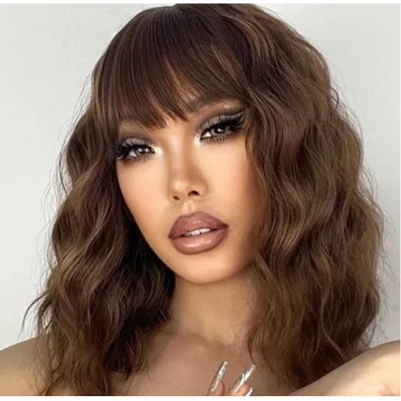 Medium-Long Curly Wig for Women - Shoulder-Length Synthetic Hair with Bangs - Corn Perm Style Breathable, lightweight
