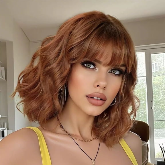 Medium-Long Curly Wig for Women - Shoulder-Length Synthetic Hair with Bangs - Corn Perm Style Breathable, lightweight