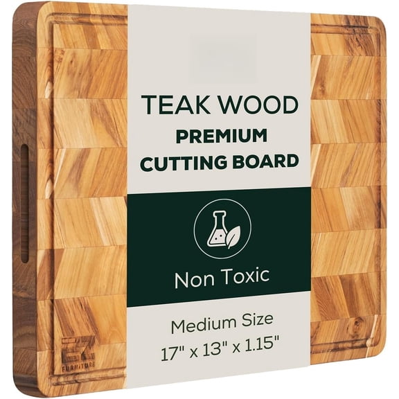 Medium (M) Teak Grain Board, Reversible, -Friendly Charcuterie Board, Juice & Handles, Non-, Box Included (Herringbone, 17" x 13" x 1.15")