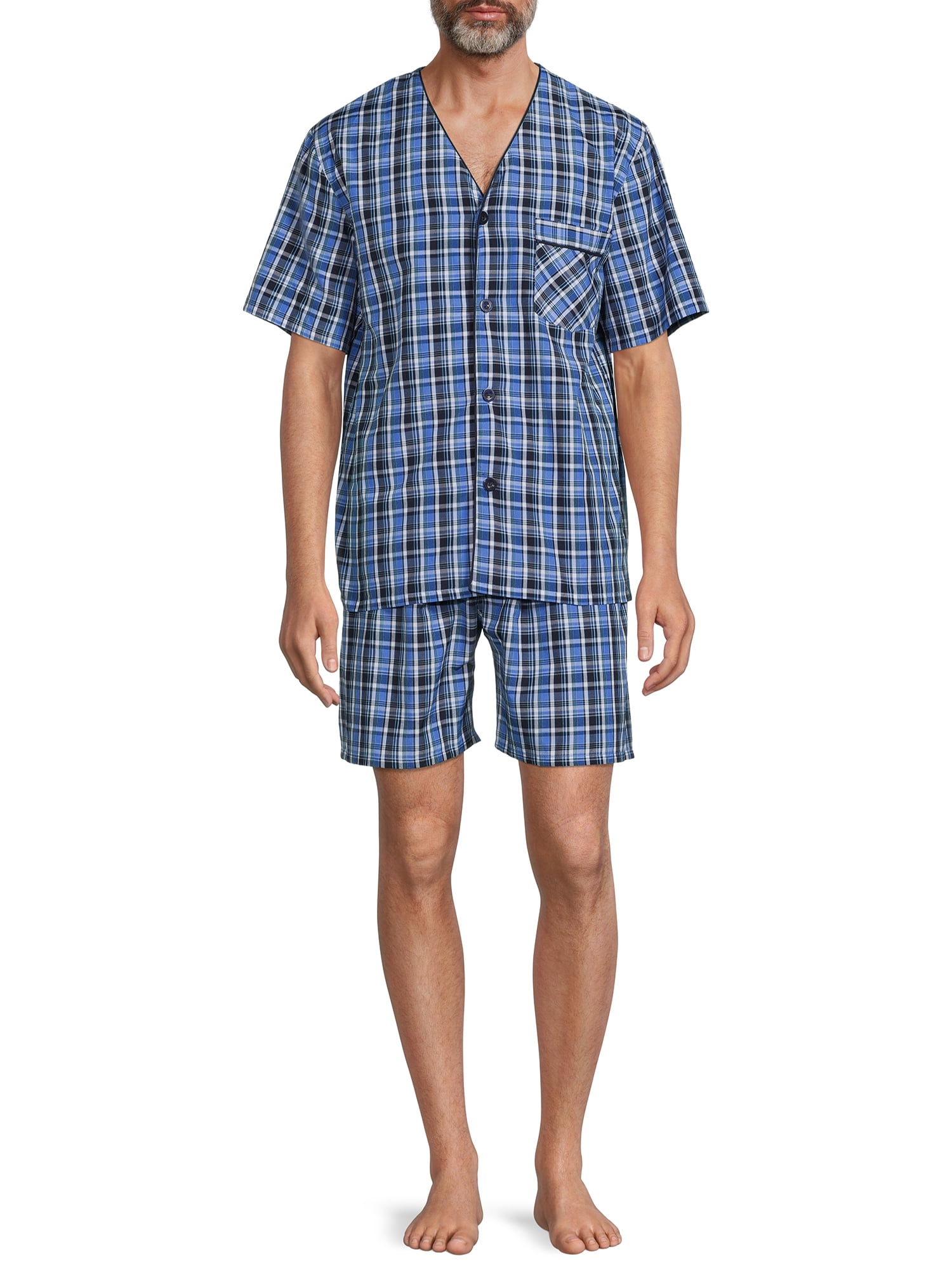 Medium Mens Short Sleeve Short Leg Pajama Set Navy Check