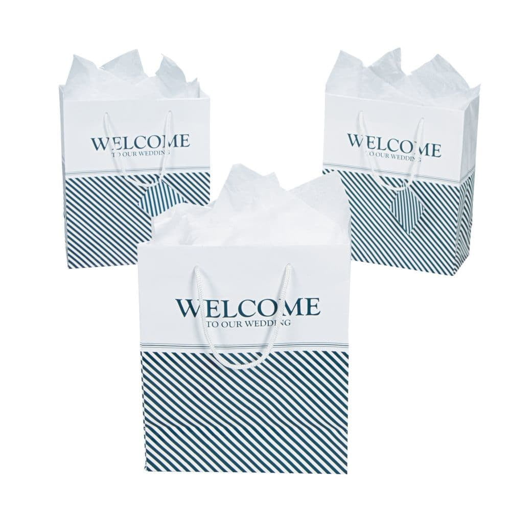 7 1/2 x 9 Medium Welcome White Paper Gift Bags with Rose Gold Foil - 12  Pc.