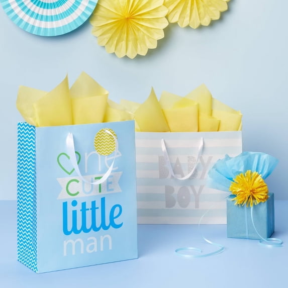 Medium 'One Cute Little Man' Baby Shower Gift Bag with Tag Blue Baby Boy Gift Bag, Typography Pattern, 12.75" Height