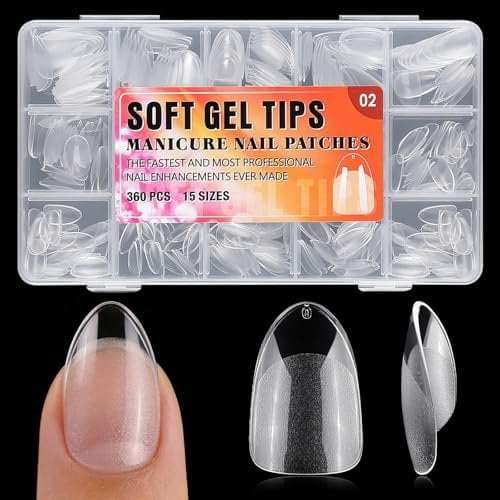 Medium Oval Tips, 360 count Gel Tips Oval Mediun Nails, Full Cover Clear 15 Size Nails Tips for Extensions, Press Nails Making