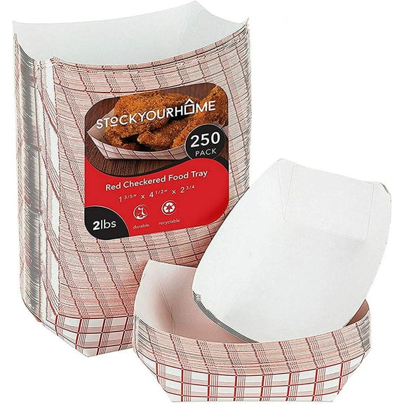 Medium Paper Food Boats (250 Pack) – 2 lb Disposable Red & White Checkered Paper Trays, Eco-Friendly Serving Boats for Concession Food, Condiments & Nachos, 4.5" x 2.75