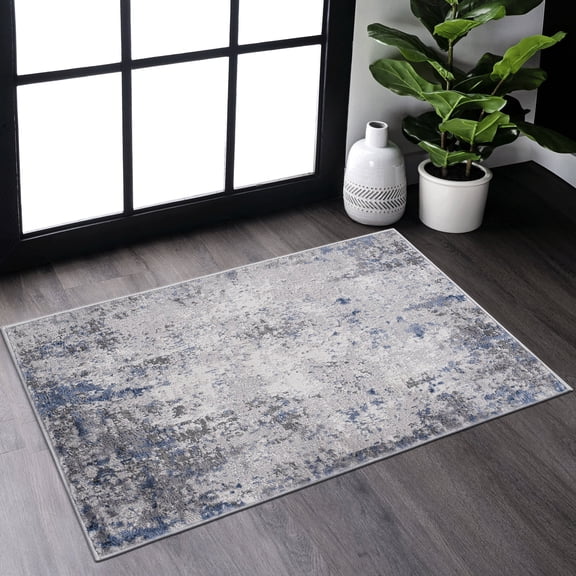 Medium Pile Height Silver/Blue Area Rug, Polyester / Stain Resistant, Seamless Placement for Study