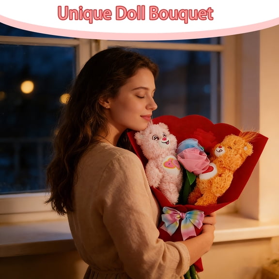 Medium Plush Bouquet - Beige Wrapping with Pink Bow, Cute Birthday & Valentine's Day Gift, Ideal Back to School Plush Bouquet for Teens (11.8" )