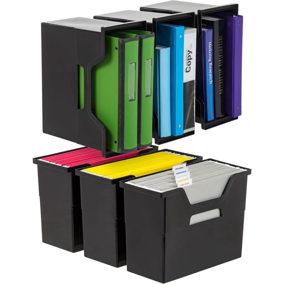 Medium Portable Desktop File Box with Open Lid, 6 Pack, Side Handles, Tabs & Inserts, Hanging File Folders, Letter-Size File Magazine Newspaper Mail Document Notebook, Black