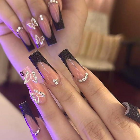 Medium Press on Nails Coffin Fake Nails 24Pcs Pink White Ombre Coffin False Nails with A Little Bit of Glitter Designs Acrylic Nails Press ons Artificial Nails Stick on Nails for Women black French