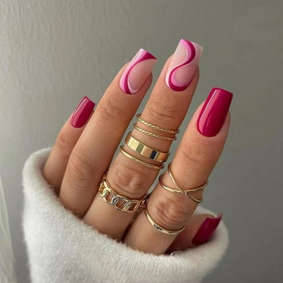 Medium Press on Nails Square Fake Nails Matte Squoval False Nails Glue on Nails Full Cover Acrylic Nails Pink and Red with Wave Pattern Designs for Women 24 PCS