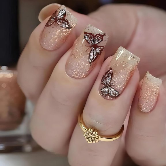 Medium Press on Nails Square Shape Purple Fake Nails with Designs Quicksand Glitter Glue on Nails French Acrylic False Nails Press ons Glossy Full Cover Stick on Nails for Women Finger Manicure 24Pcs