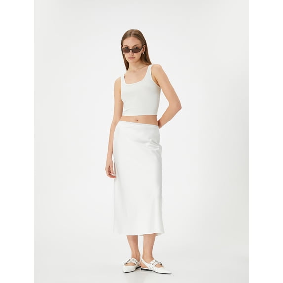 Medium Rise Midi Satin Skirt