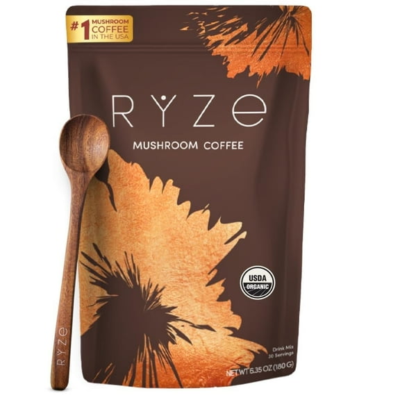 RYZE SUPERFOODS Mushroom Medium Roast Coffee USDA Organic with 6 Adaptogenic Mushrooms, USA Grown Instant Coffee for Better Energy, Focus Digestion Immunity with Lions Mane & Turkey Tail 30 Servings