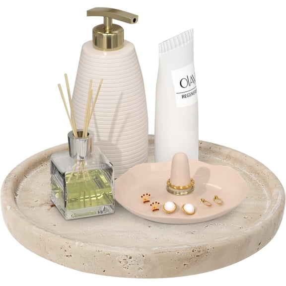 Medium Round Marble Decorative Tray for Coffee Table, Small Beige Ceramic Vanity Tray for Bathroom Counter