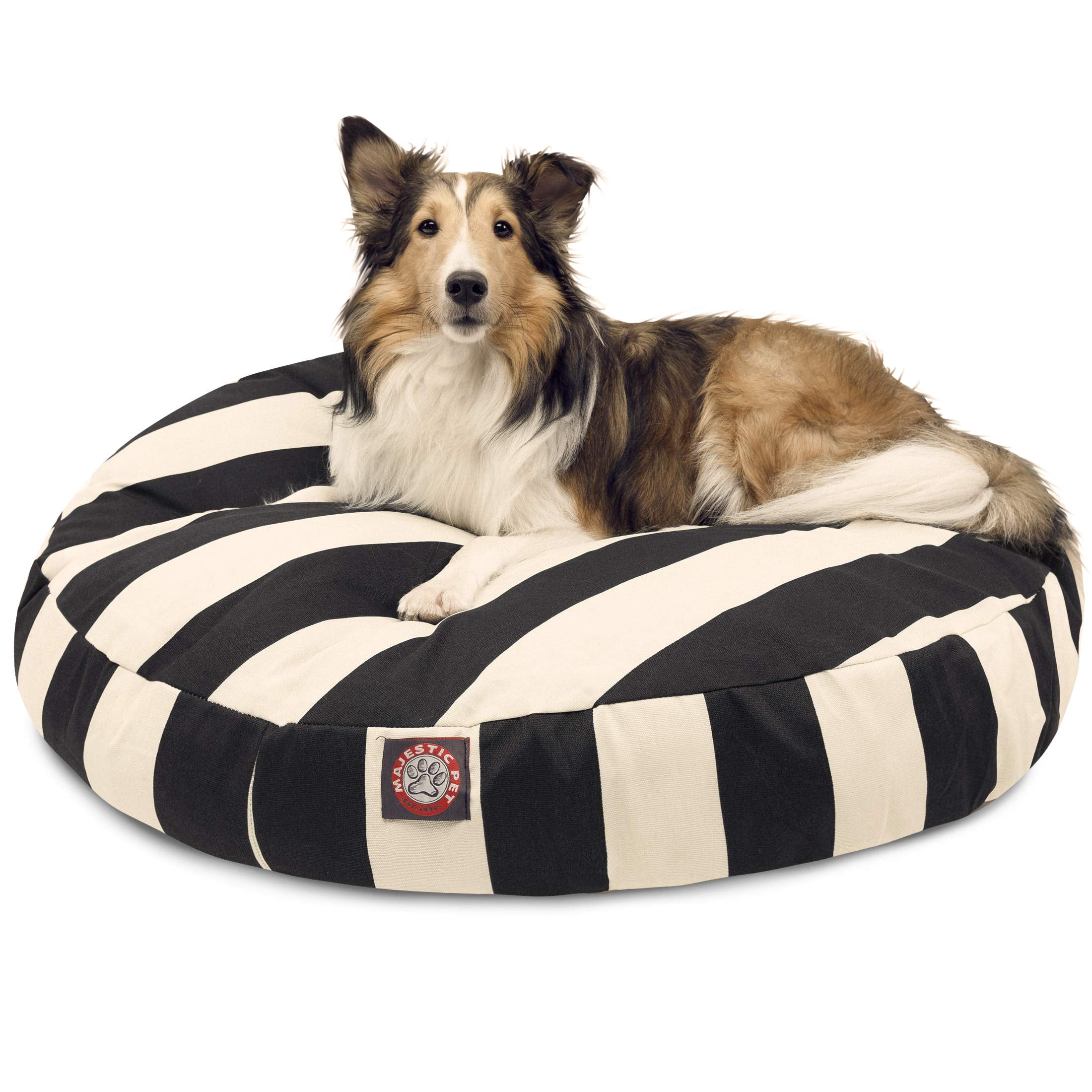 Medium Round Pet Dog Bed with Removable Washable Cover, Durable Indoor Outdoor Cushion for Dogs, Black Vertical Stripe Design
