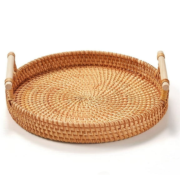 Medium Round Wicker Tray, Rattan Basket Trays with Wooden Handle, Woven Tray Rattan Round Handmade, Woven Rattan Serving Boho Tray for Coffee Table Mother's Day Decor (8.7inch / 22cm)