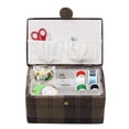 thumbnail image 1 of Medium Sewing Basket, Vintage Plaid Pattern with Sewing Accessories, Brown, 1 of 5