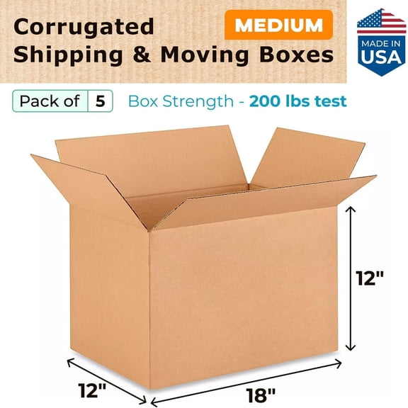 Medium Shipping & Moving Boxes 18 x 12 x 12 inches (5-Pack) - Extra Strength 200 lb vs Regular - Corrugated Moving Boxes for /FEDEX - Medium Size Moving Box - Corrugated Box by