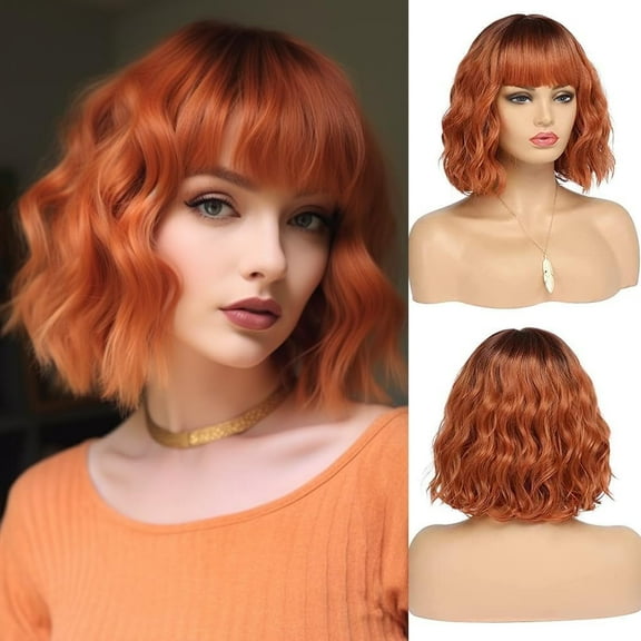 WYZCTTD Medium Short Hair Orange Women's Wig with Bangs Wavy Synthetic Wig (12 inches)