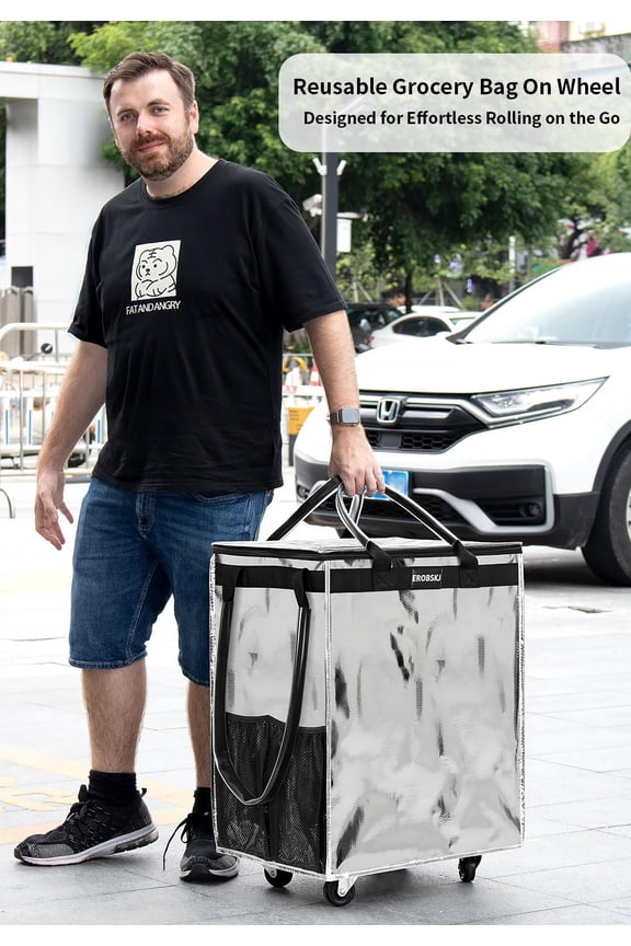 Medium Silver Reusable Grocery Bag on Wheels, 70L Foldable Rolling Tote with 4 Heavy Duty Wheels and 3 Handles for Shopping Trips