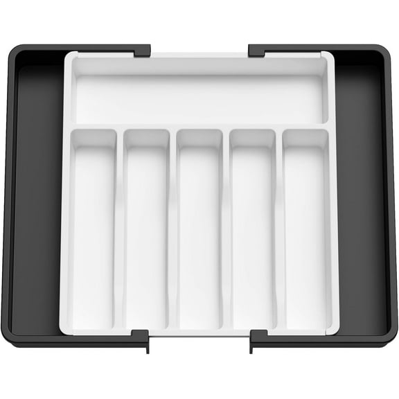 Medium Silverware Drawer Organizer, Expandable Utensil Tray for Kitchen, BPA Free Flatware and Cutlery Holder, Adjustable Plastic Storage for Spoons Forks Knives, Black