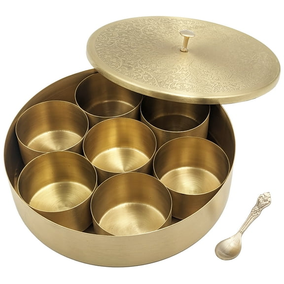 Medium Size Brass (Gold Color) Masala Dabba Box with 7 Spice Containers & Spoon, Measures 8-inches Wide x 1-inches Tall