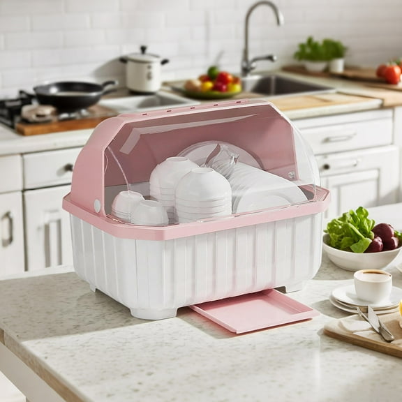 Medium Size Dish Drying Rack and Drain Board with Lid Cover,13.7" x 10.2" x 11",Kitchen Plate Cup Tray Cutlery Drainer(Pink)
