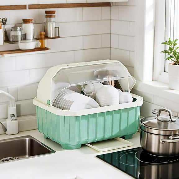 Medium Size Dish Drying Rack and Drain Board with Lid Cover,15.5" x 11.4" x 11.8",Kitchen Plate Cup Tray Cutlery Drainer(Light Green)