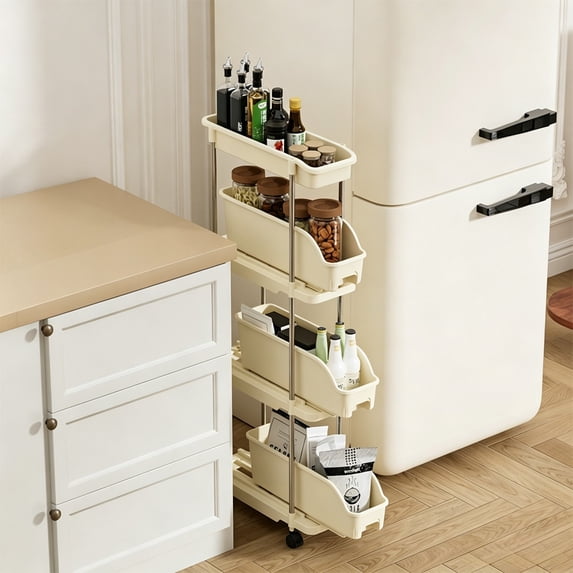 Medium Size Narrow Crevice Rolling Storage Cart With Pull-Out Drawer Bins, Multi Layer Space Saving Wheeled Organizer Rack For Kitchen Bathroom Gap Sundry Storage(M)4 tiers