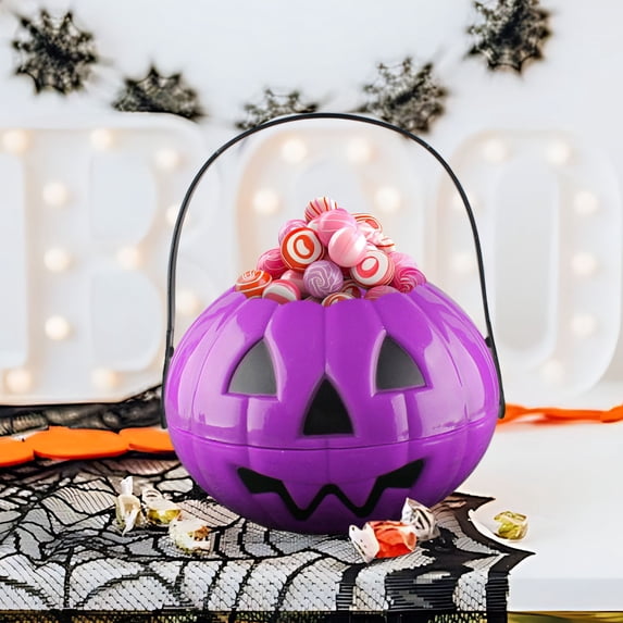 Medium Size Plastic Halloween Pumpkin Bucket with Handle, Trick or Treat Candy Pail Basket, Reusable Portable Snack Storage Container for Halloween Party Favor Holiday Gift, Purple