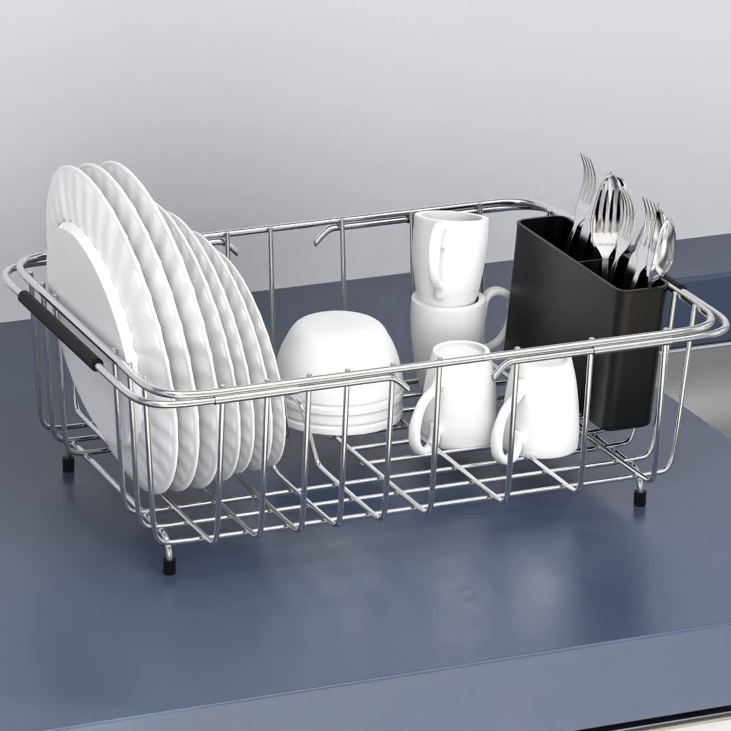 Medium-Sized Expandable Over-The-Sink Dish Drying Rack with Utensil ...