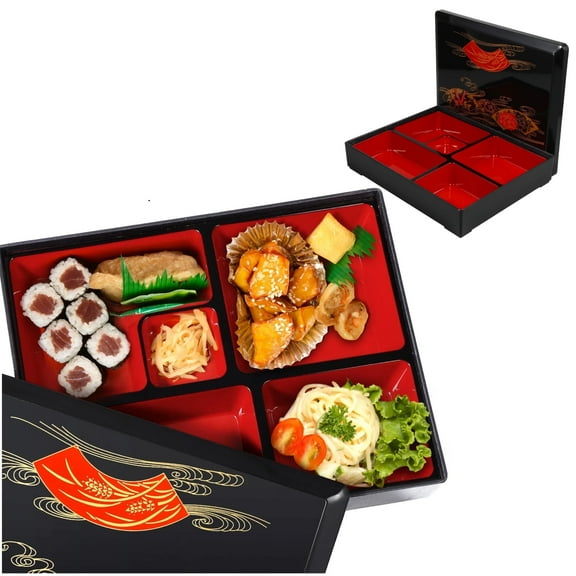 Medium-Sized Lunch Box Japanese Lunch Box Meal Prep Containers Sushi Box Bento Box for Business Meals (Wood Grain Cover Black)