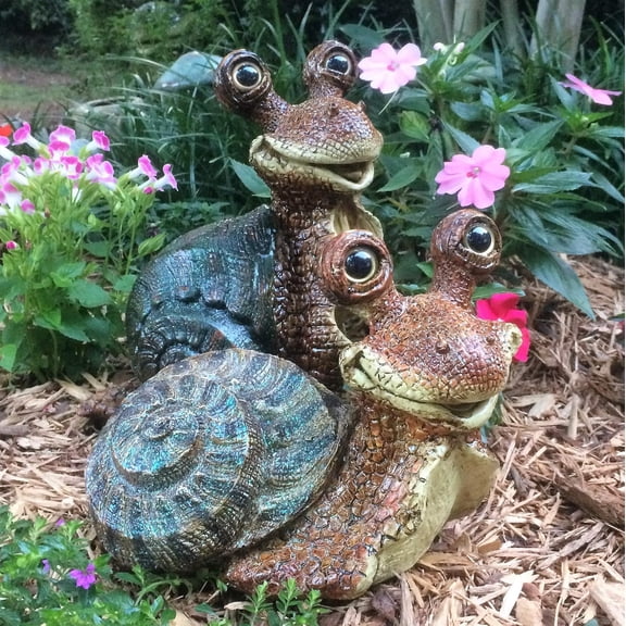 Medium Snails Lying Standing 2-Piece Brown Body with Assorted Shell Colors Whimsical Garden Statue