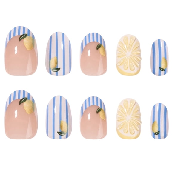 Medium Square Nude Lemon Striped French Tip Press on Nails with Raised Lemon Slice, Glossy Finish for Summer Parties, 24 Count