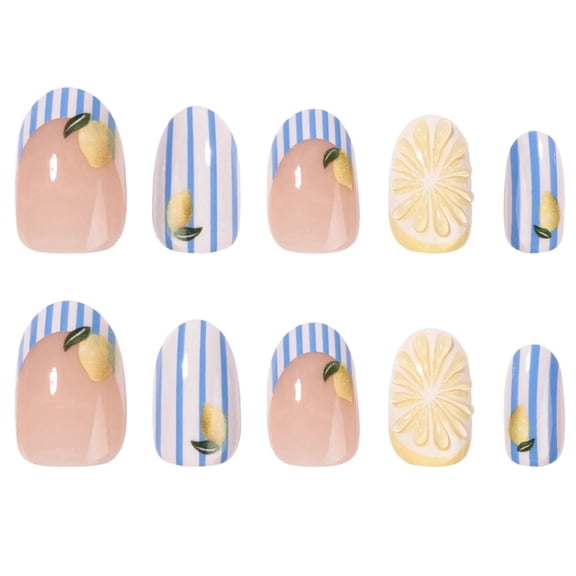 Medium Square Nude Lemon Striped French Tip Press on Nails with Raised Lemon Slice, Glossy Finish for Summer Parties, 24 Count