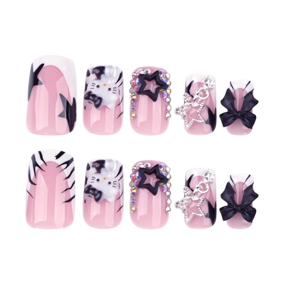 Medium Square Pink Cartoon Cat Star Bow Rhinestone Press on Nails, Easy Application & Removal for Daily, Party, Date & Holiday Manicure, 24 PCS