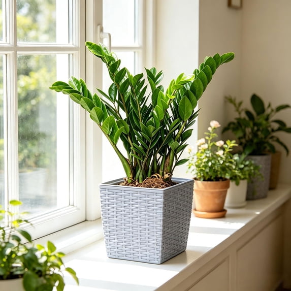 Medium Square Plastic Planter with Faux Rattan Self Watering for Green Plants