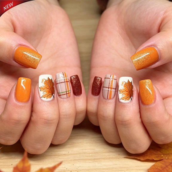 Medium Square Press On Nails, Fall Maple Leaf Fake Nails, Orange Burgundy Plaid Glitter Glue On Nails, Glossy Acrylic Full Cover False Nail Tips, 24Pcs Reusable Nails for Thanksgiving Autumn Manicure