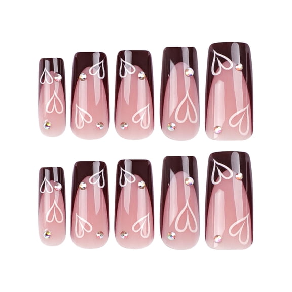 Medium Square Valentines Press On Nail Brown French Love Heart Designs Glossy Artificial Nail for Women and Girls
