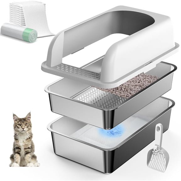 Medium Stainless Steel Sifting Cat Litter Box with Lid High Sides