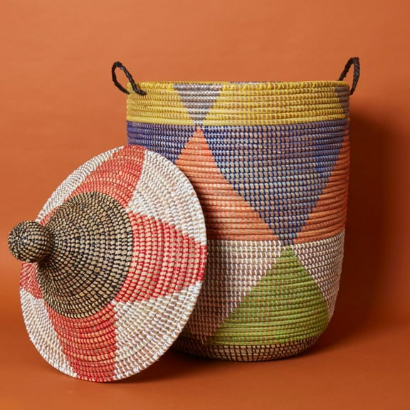 Decorative Wicker Basket with Lid Handles, Laundry Hamper, Blanket Storage, Toy Bin, African Woven, Hood Lid, Colorful Triangles, Medium Size